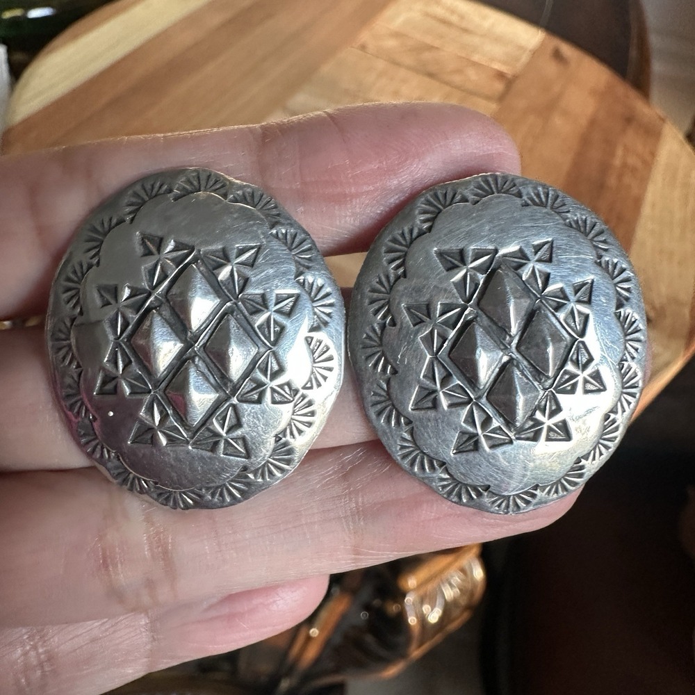 Vintage Navajo Concho Clip Earrings 1.4 Inch Old Pawn Coin Silver Domed 14.0g